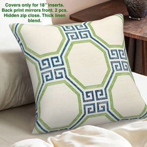 Grand Millennial geometric decorative pillow covers, blue and green. Brand new!